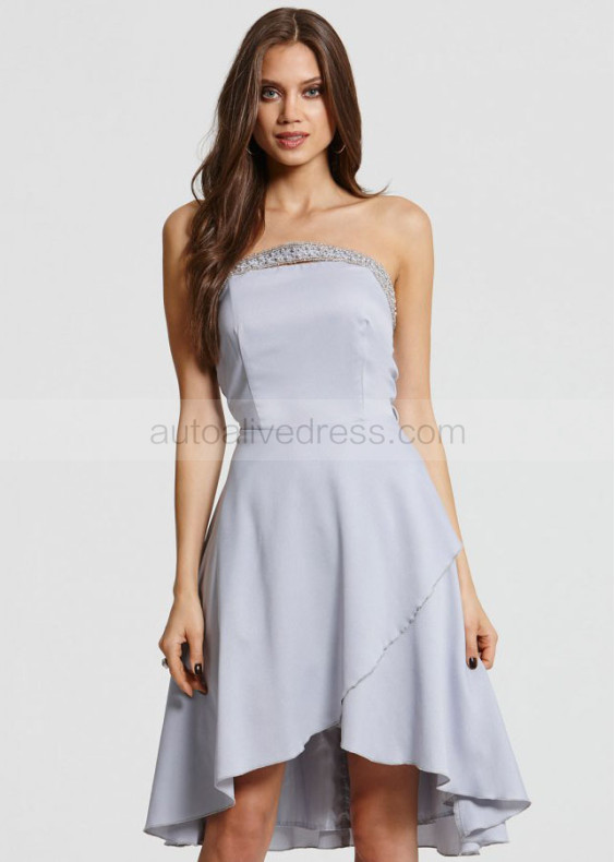 Gray Chiffon Beads Strapless Hi Low Prom Dress 